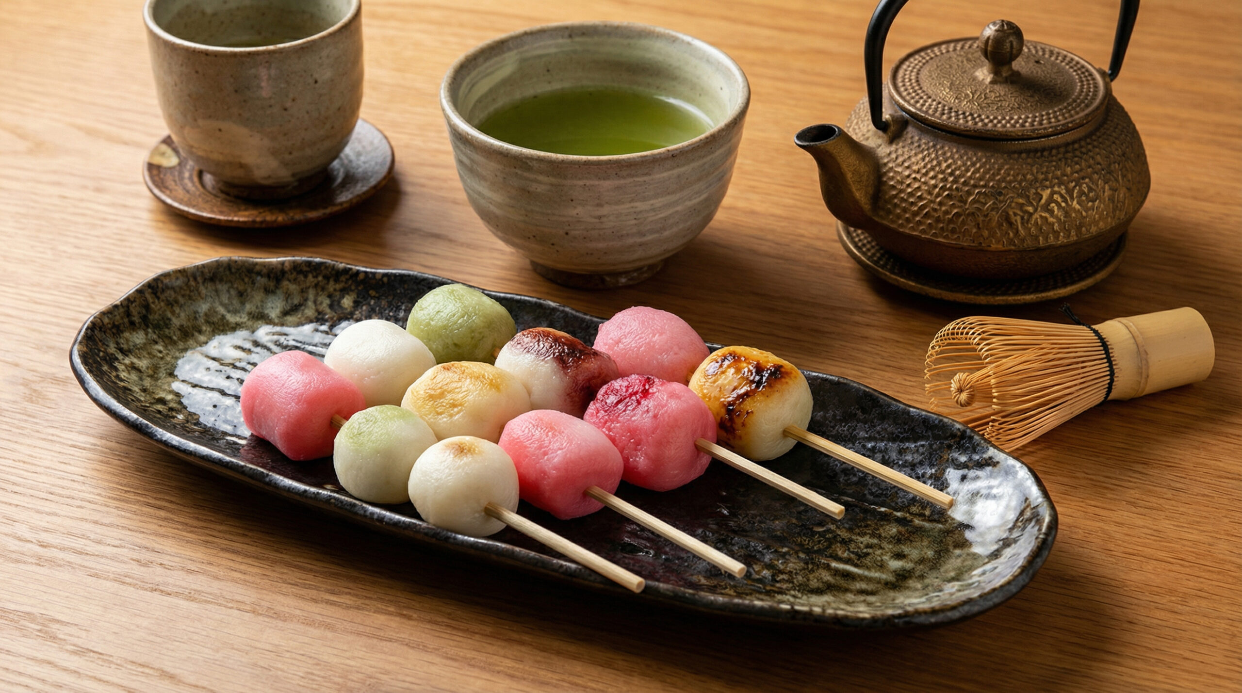 Colorful low-carb dango mochi skewers served with green tea