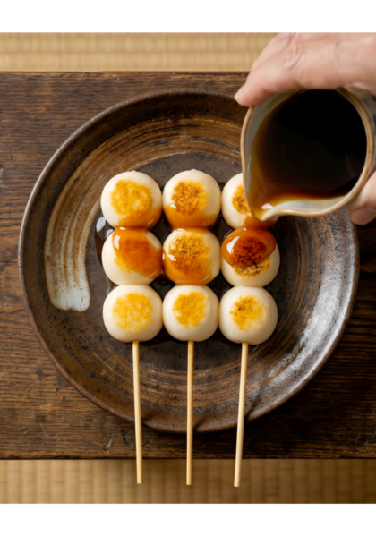 Yaki dango on skewers drizzled with thick brown sugar syrup